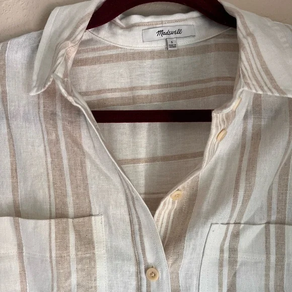 Madewell :: Short Sleeve Safari Shirt :: Size Small :: White and Brown Stripe - Picture 5 of 9
